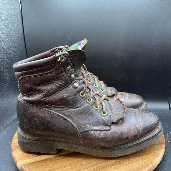 Justin Mens Size 8 769 Brown Leather Western Shoes Fringe Boots Shoes Vintage main image 7